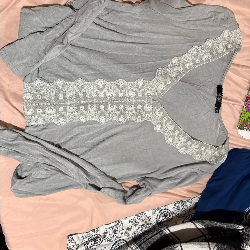 Gray Lace Trim Top